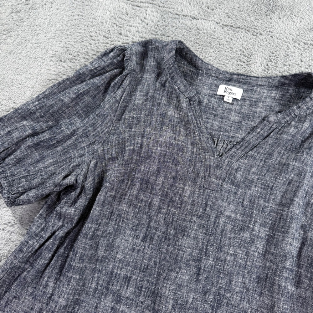 Kim Rogers Blouse Womens L Blue Linen Blend V-Neck Puff Sleeve Excellent Top